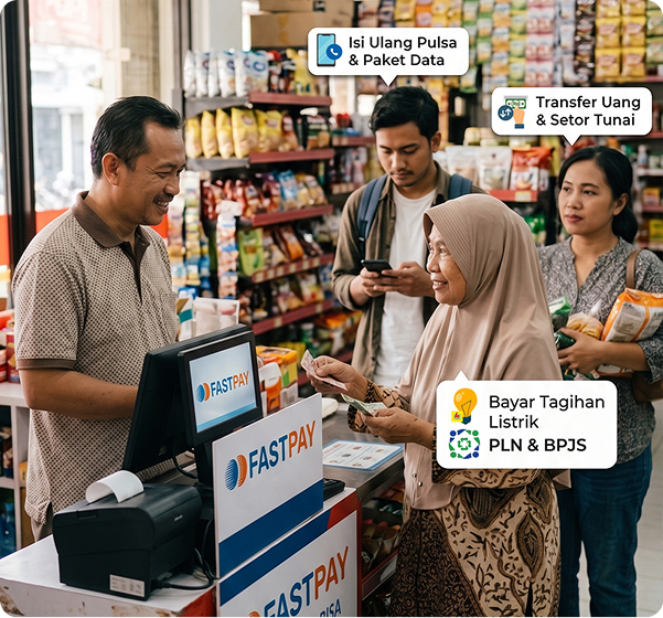 Pemilik toko melayani transaksi pelanggan