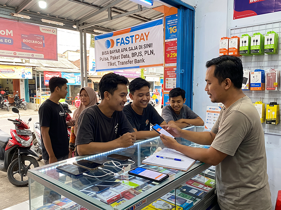Pemilik konter Fastpay melayani pelanggan di konter yang ramai