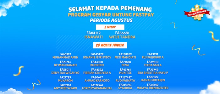 Pengumuman PROGRAM GEBYAR UNTUNG FASTPAY – Periode 2 (Agustus)