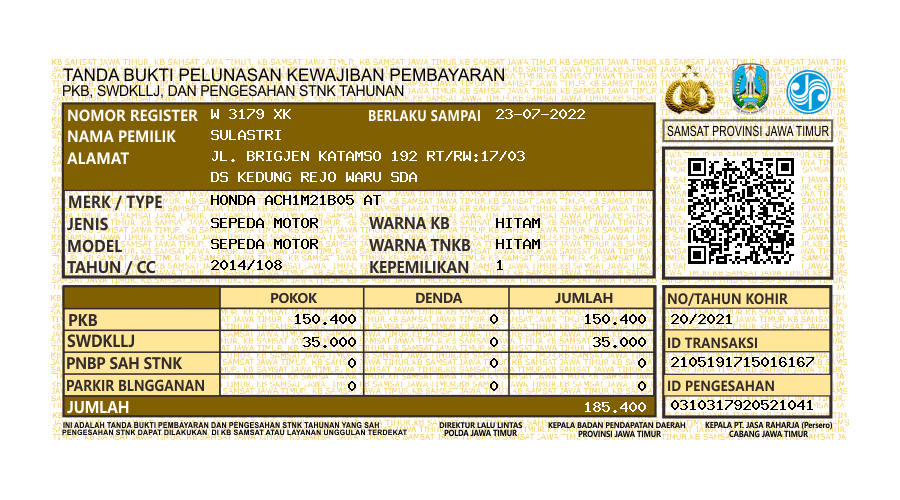 samsat-malang5-bukti-pelunasan-pembayaran Bayar Pajak Kendaraan Bermotor Jawa Timur Sekarang Bisa Dibayarkan di Loket Fastpay